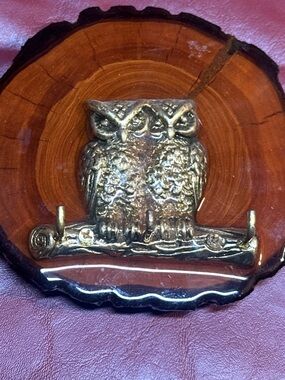 Vintage Brass Owl Wall Hook on Wood Slice